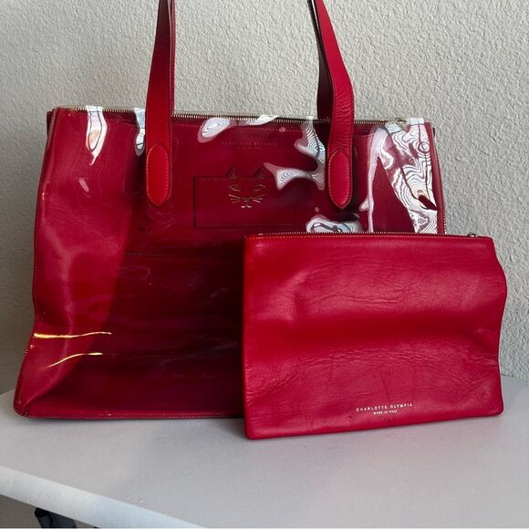 CHARLOTTE OLYMPIA Red Clear Laptop Work Tote Shoulder Bag + Pouch - Picture 1 of 14